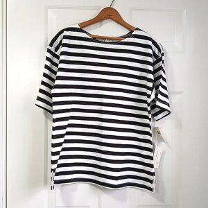 NWT Rafaella Black and White Striped 100% Cotton Elbow Sleeve T Shirt Size M